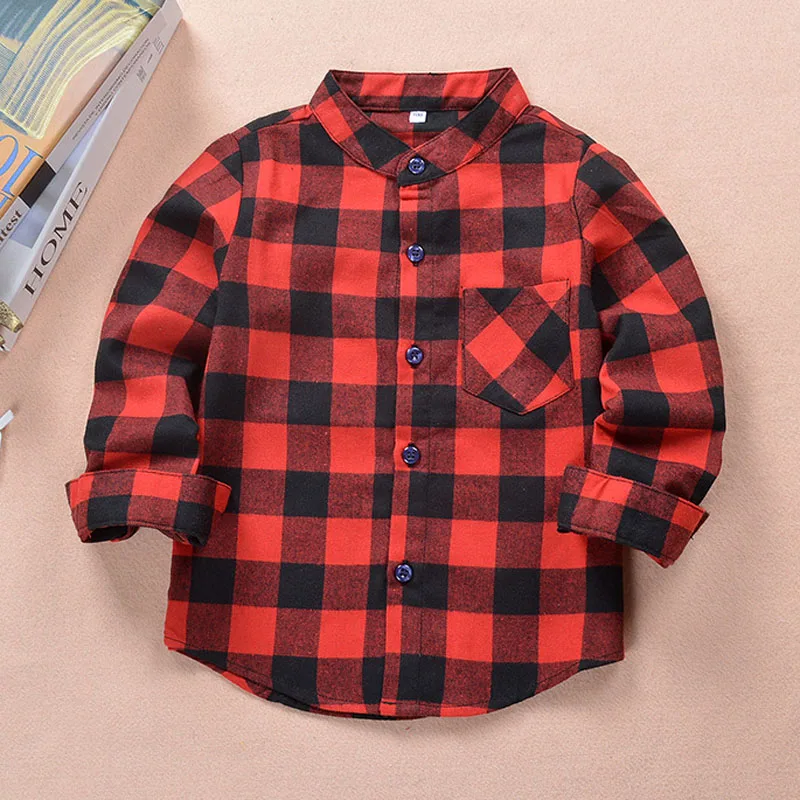 Autumn Children Boys Shirts Fashion Plaid Mandarin Collar Long Sleeves Shirts For 2-12 Years Old Kids Wear Clothes
