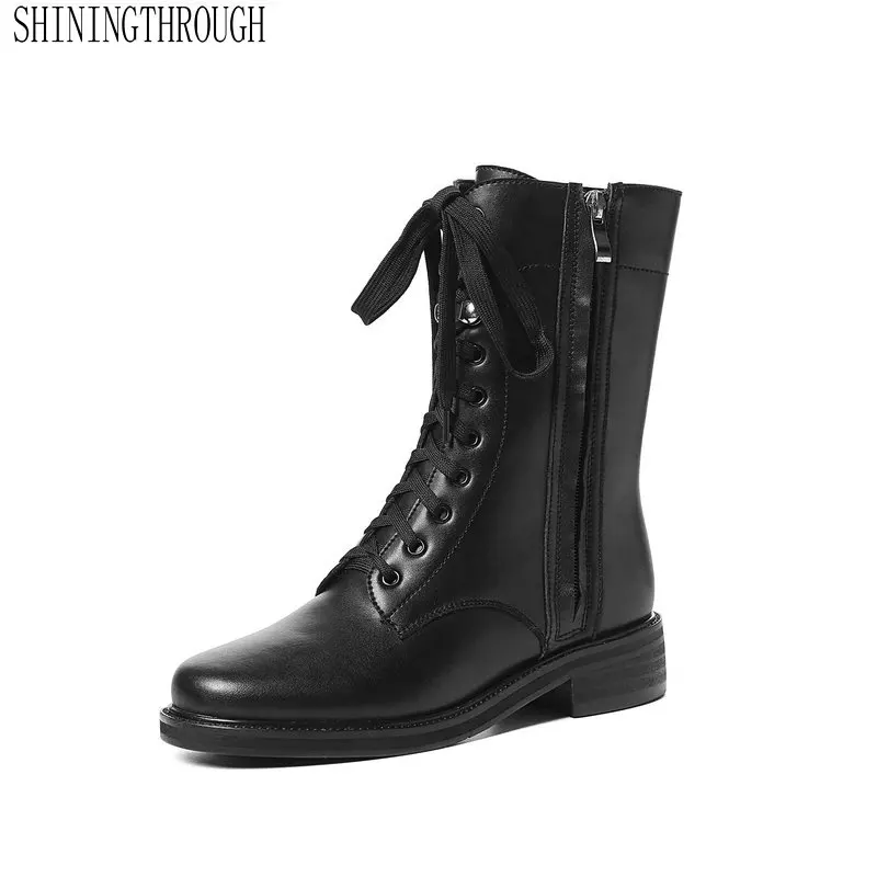 

Genuine Leather Women Ankle Zipper Boots Fashion Sexy Med Heel Women Shoes Spring Autumn Cross-tied Party Ladies Shoes
