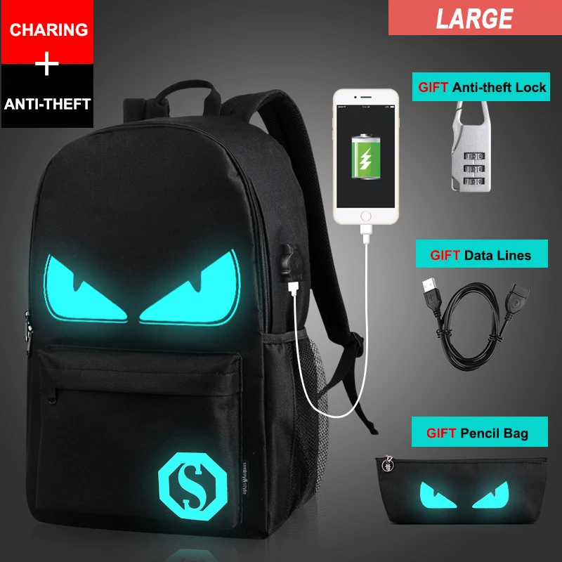 Противоугонный ночник, школьные сумки, зарядка через usb, мужские светящиеся рюкзаки, Mochila, модный мультяшный школьный рюкзак для студентов - Цвет: Large Demon Black