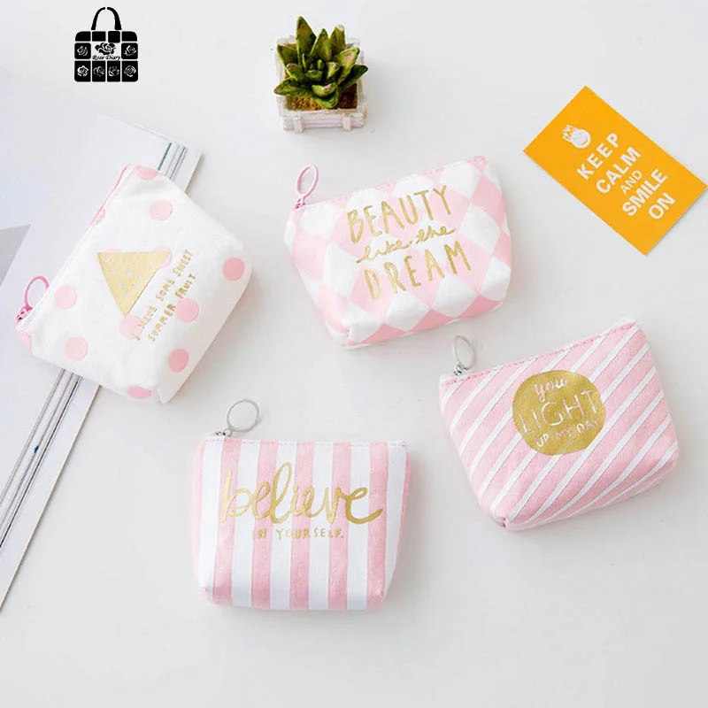 

1pcs Rose Diary cute fresh Pink strip canvas coin purses zipper zero wallet child girl boy women purse,lady coin bag key packet