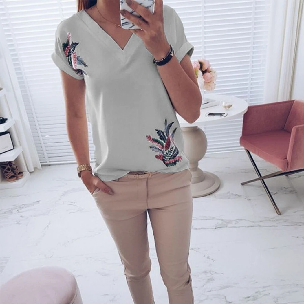 Women Leaf Printed Chiffon T Shirt 2019 Summer V Neck Short Sleeve Casual Tops Fashion Ladies Slim Fit Tee T-Shirts Femme Blusas | Женская