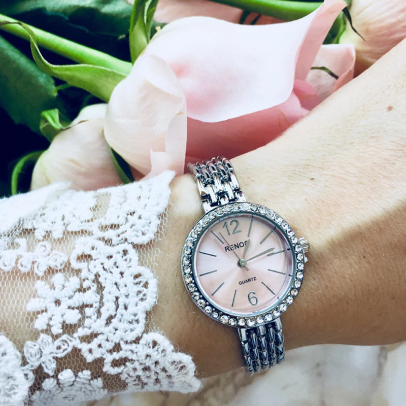 

RENOS Quartz Watches Women With Box Rhinestone Simple Skeleton Bracelet Wristwatches Fashion Dress Elegant Montre Femme Clock