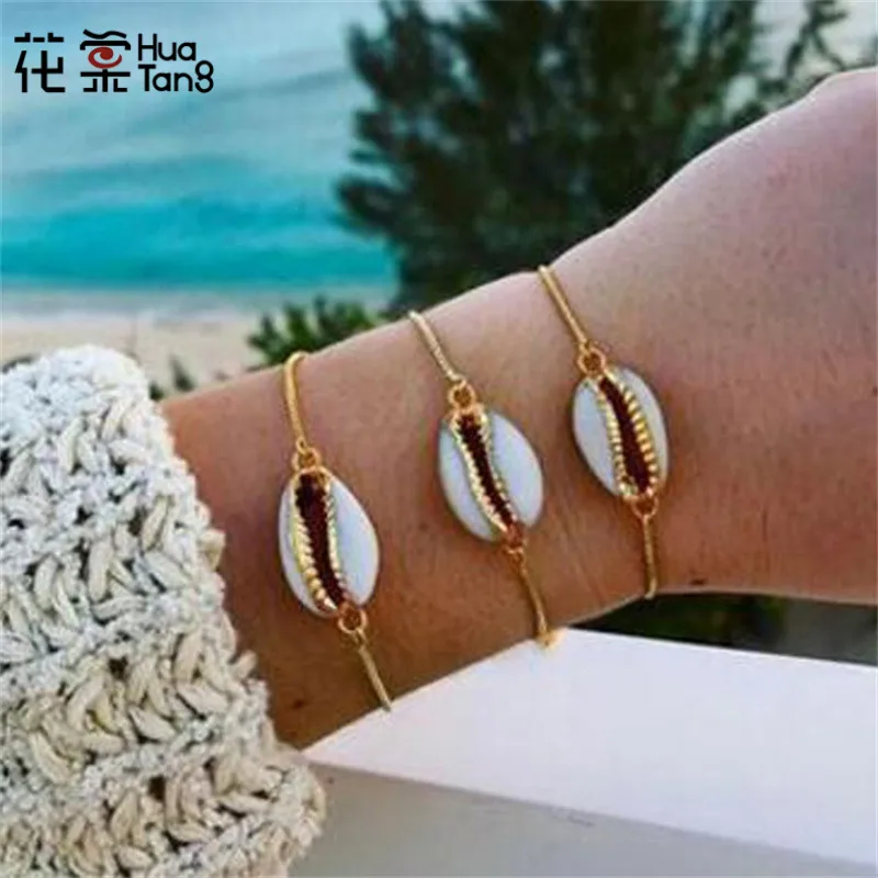 

HuaTang Bohemian Gold Chain Bracelet Geometric Shell Bracelet Set Charming Bracelets Statement Jewelry Accessories 2602
