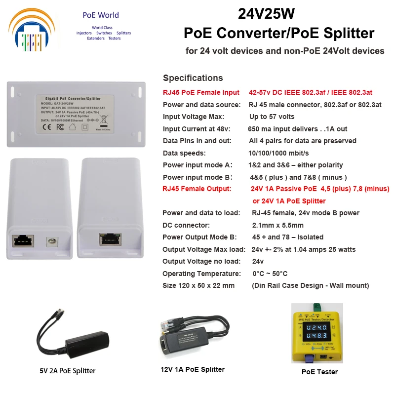 Конвертер PoE 802.3at совместимый с пассивным POE 24 В гигабитный сплиттер для UBNT / Mikrotik