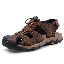 Мужские сандалии; коллекция года; сезон лето; мужские пляжные сандалии из натуральной кожи; нескользящие сандалии на плоской подошве с застежкой-липучкой; обувь черного цвета; sandalias de hombre