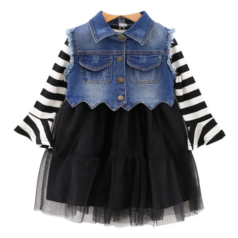  DFXD Baby Clothing Set 2018 Spring Autumn New Fashion Cotton Long Sleeve Striped Mesh Spliced Dress