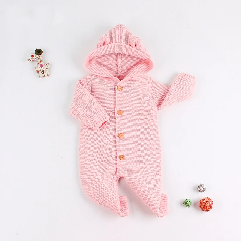 Infants Baby Winter Hooded Sweater Romper Newborn Fur Collar Knitted Cardigan Baby Boys Girls Christmas Jumpsuit Clothes - Цвет: pink