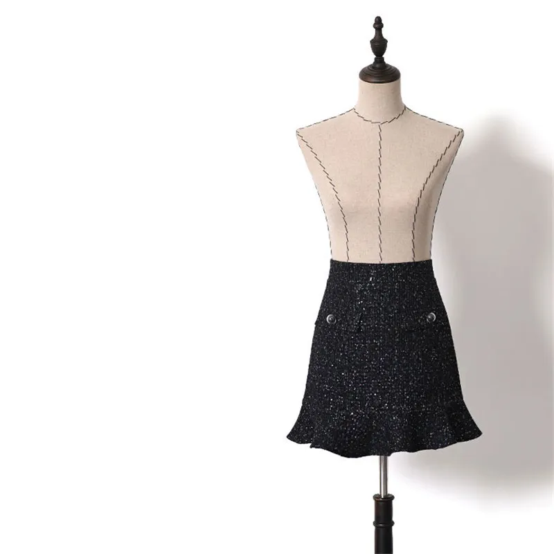 

Handmade Luxury Skirt for Women Fashion Vintage Bright Silk Tweed Empire Trumpet Mermaid Mini Skirt Black