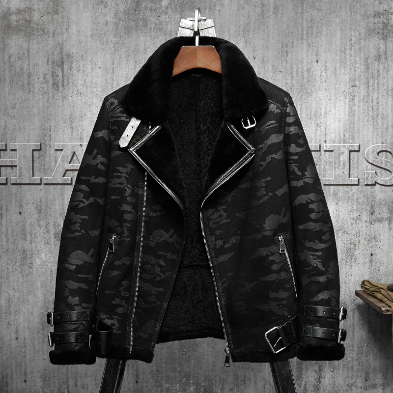 Black Camouflage B3 Jacket Men's Shearling Leather Jacket Original