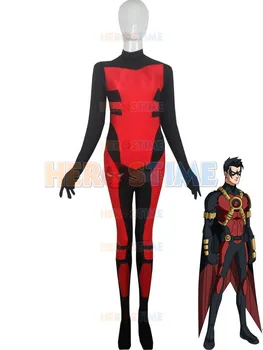 

Red and black Robin Costume spandex fullbody zentai suit spandex halloween cosplay Batman Superhero costume free shipping