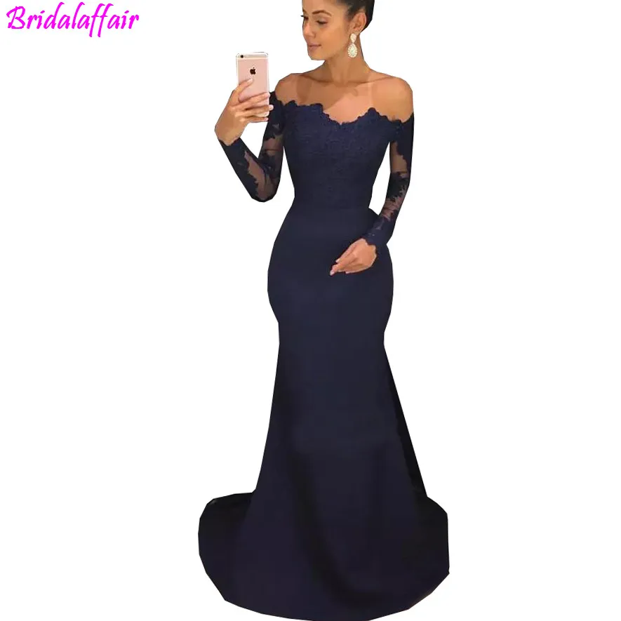 

Navy Blue Off The Shoulder Mermaid Prom Dresses For Women Long Sleeves Evening Dresses 2019 Prom Dress abiye gece elbisesi