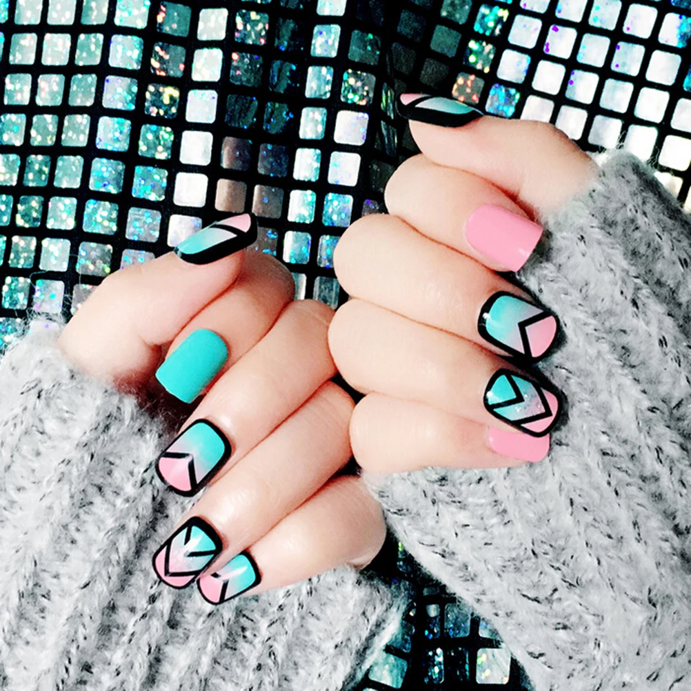 

Hot Sale 24pcs/set Vintage Pink and Lake Blue Hit Pure Color Pattern French False Nails With Glue Cute Fake Nails Short Size