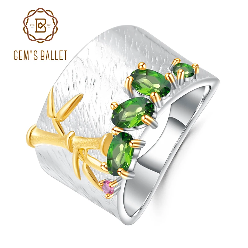 

GEM'S BALLET 925 Sterling Silver Handmade Bamboo Finger Rings Natural Creative Chrome Diopside Vintage Ring for Women Jewelry