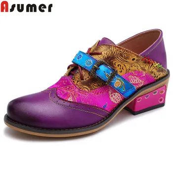 

ASUMER 2020 pumps shoes women round toe genuine leather shoes women square high heels shoes mixed colors women shoes big size