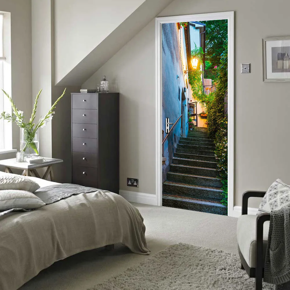 3d наклейки на дверь, книжный шкаф для лестницы, городской пейзаж, Луна, обои для украшения двери, обновленная деревянная дверь, плакат, паста 200 см* 77 см