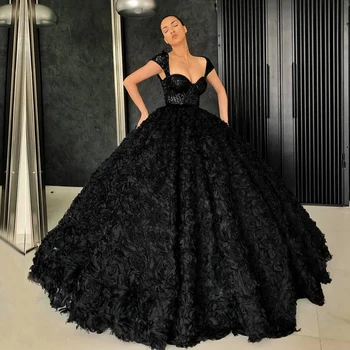 

Long Black Evening Dress 2020 Elegant Puffy Cap Sleeve Party Saudi Arabia Lace Women Formal Evening Gowns robe de soiree