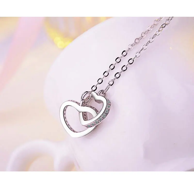 Anenjery 925 пробы Серебряное Двойное сердце круг CZ цирконий подвески ожерелья для женщин подарок колье цепь ожерелье S-N69