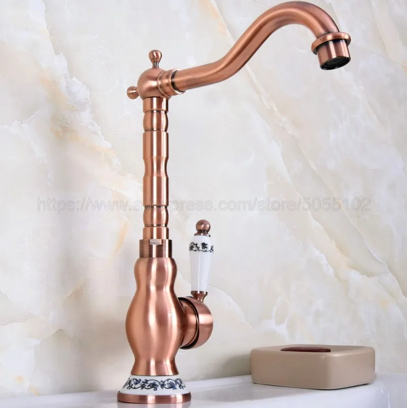 Antique Red Copper Deck Mounted Bathroom Basin Faucet Hot And Cold Bathroom Sink Mixer Taps znf638