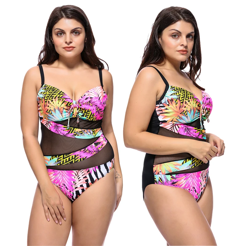 

New Sexy Plus Size Swimsuit Women One Piece Swimsuit Mesh Patchwork Swimwear Floral Print Bathing Suit 2XL-6XL Big Cup Monokini
