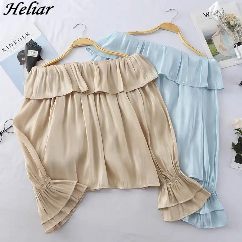 بلوزة نسائي للربيع من Heliar بلوزة بدون أكتاف من الحرير بأكمام طويلة بلوزة فضفاضة غير رسمية قطع علوية نسائية من الشيفون مقاس كبير من الساتان الصلب Aliexpress
