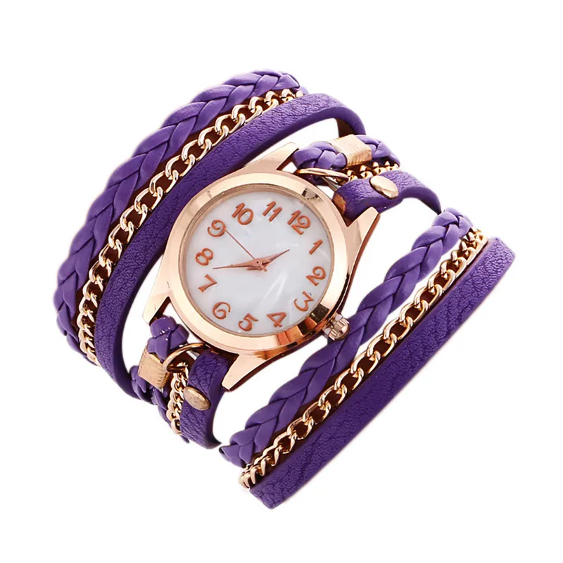 Горячая Распродажа модные женские часы плетеный кожаный браслет наручные часы в подарок Дамские Кварцевые электронный наручные часы женские часы# W - Color: Purple