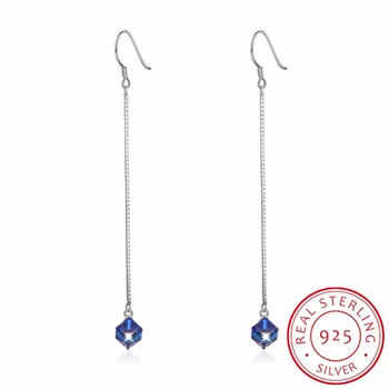 

LEKANI Crystals From SWAROVSKI Long Chain Cube Beads Drop Earrings S925 Sterling Silver Piercing Women Fine Jewelry