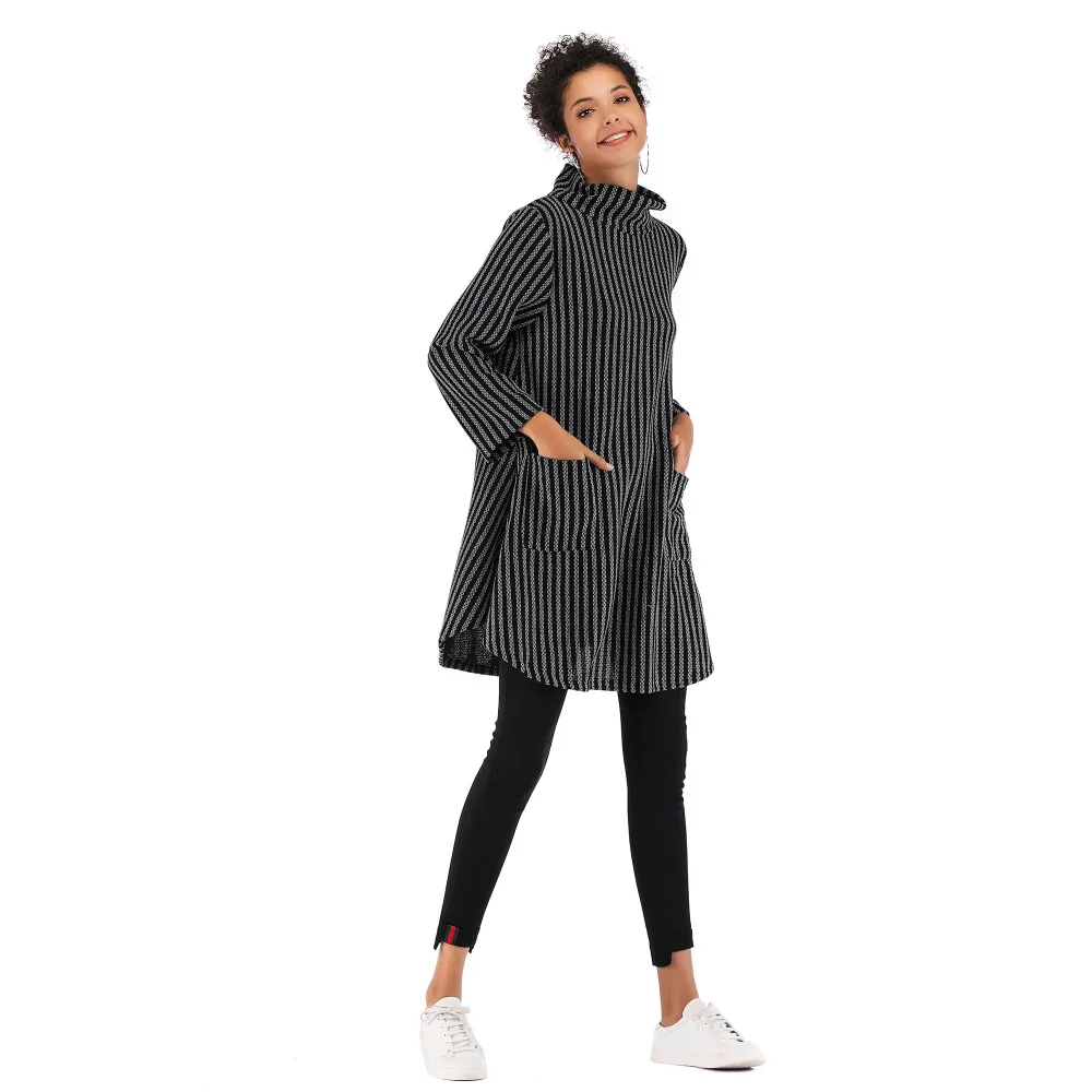 New women's double pocket striped jacket female loose large size long-sleeved sweater long-sleeved turtleneck sweater dress