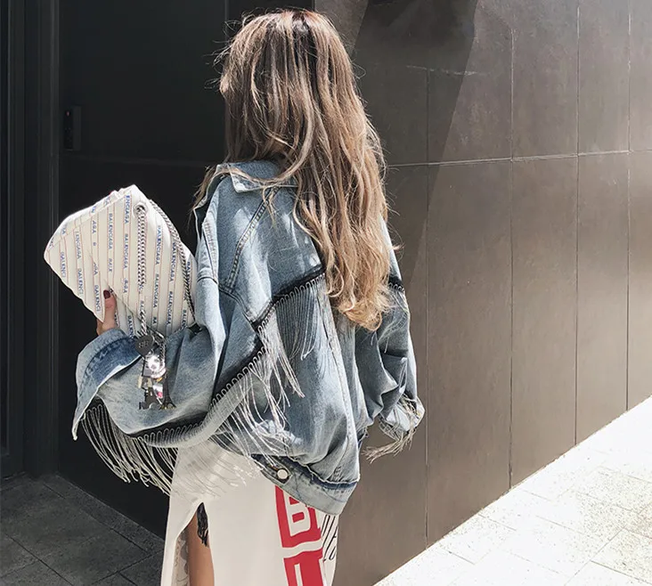 HAMALIEL Women Denim Long Batwing Sleeve Jacket Spring Beading Tassle Short Loose Girl Jeans Coats Fashion Harajuku Outerwear HAMALIEL Women Denim Long Batwing Sleeve Jacket Spring Beading Tassle Short Loose Girl Jeans Coats Fashion Harajuku Outerwear