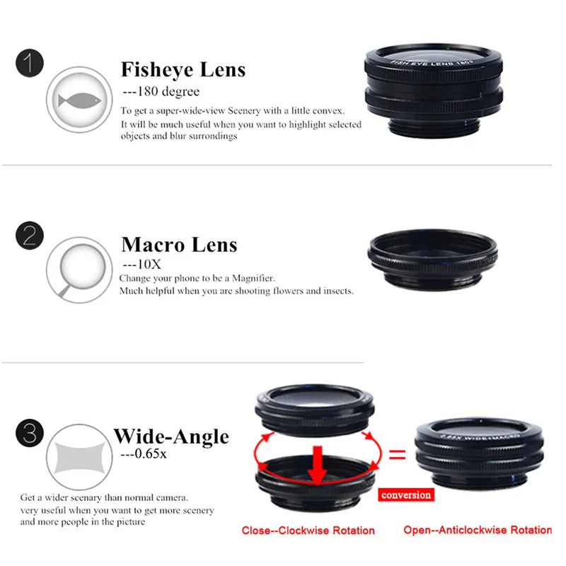 2017 Newest 6 in 1 Phone Camera Lentes Kit 3in1 Clip Fish Eye Lens Wide Angle 4