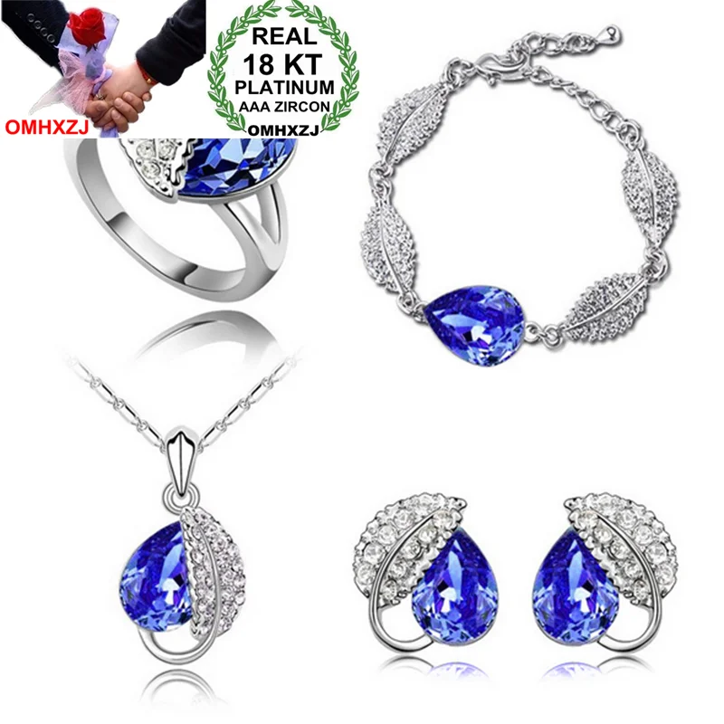 OMHXZJ оптовая продажа Женский лист акации AAA Циркон Кристалл 18KT Платиновое серебро
