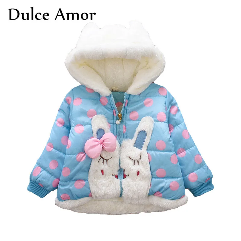 

Dulce Amor Children Winter Warm Coat Cartoon Rabbit Hooded Outerwear Baby Girl Clothes Fashion Bunny Patch Woolen Coat Jacket