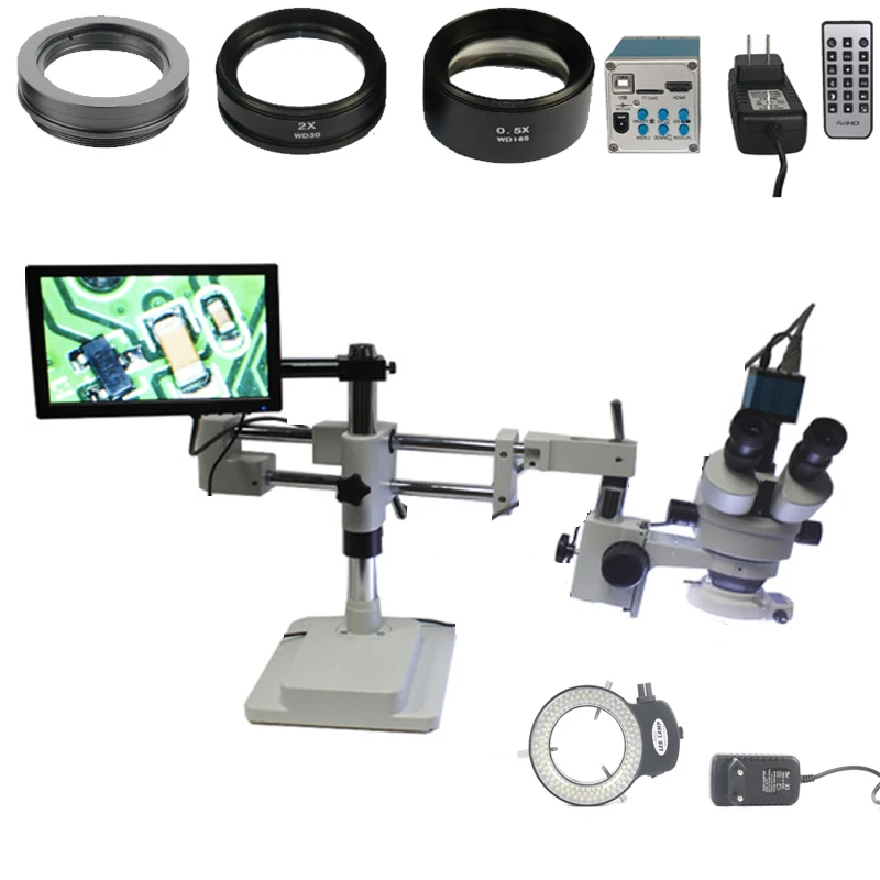 

Simul-focal Industrial 3.5X-90X Double Arm Boom Stand Trinocular Stereo Zoom Microscope + 1080P HDMI camera+10.1"LCD monitor