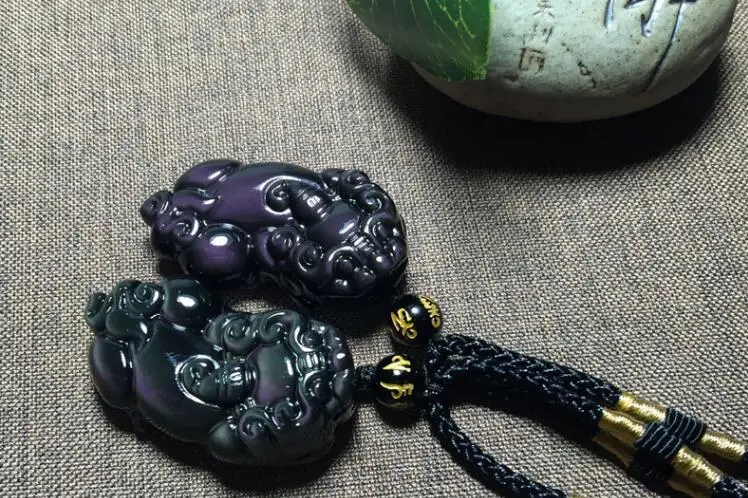 

1Pair Carved Natural color Black Obsidian Cute Pixiu Stone Pendant+Rope Necklace