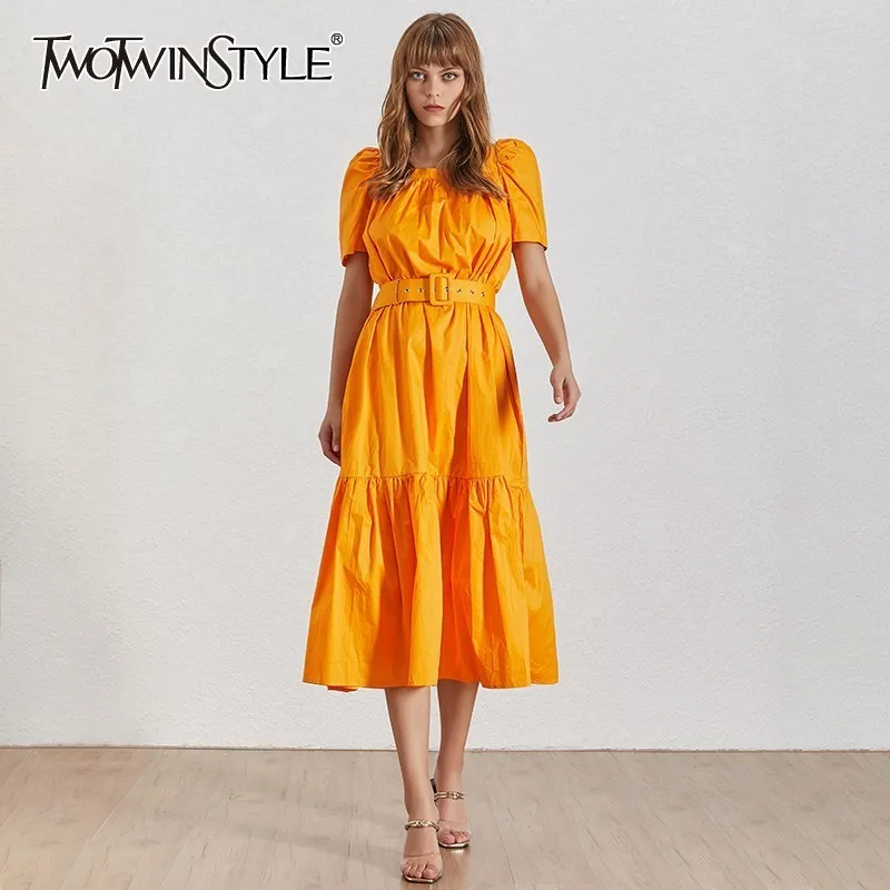 

TWOTWINSTYLE Summer Solid Women Dress Square Collar Puff Sleeve High Waist With Sashes Midi Dresses Female Fashion 2019 New