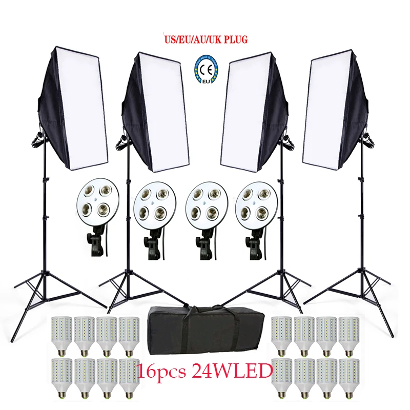 

Photo Studio Softbox kit 4 light stand 4 light holder 4 softbox 1pc carrying bag 16PCS 24W E27 LED video lighting kit soft box