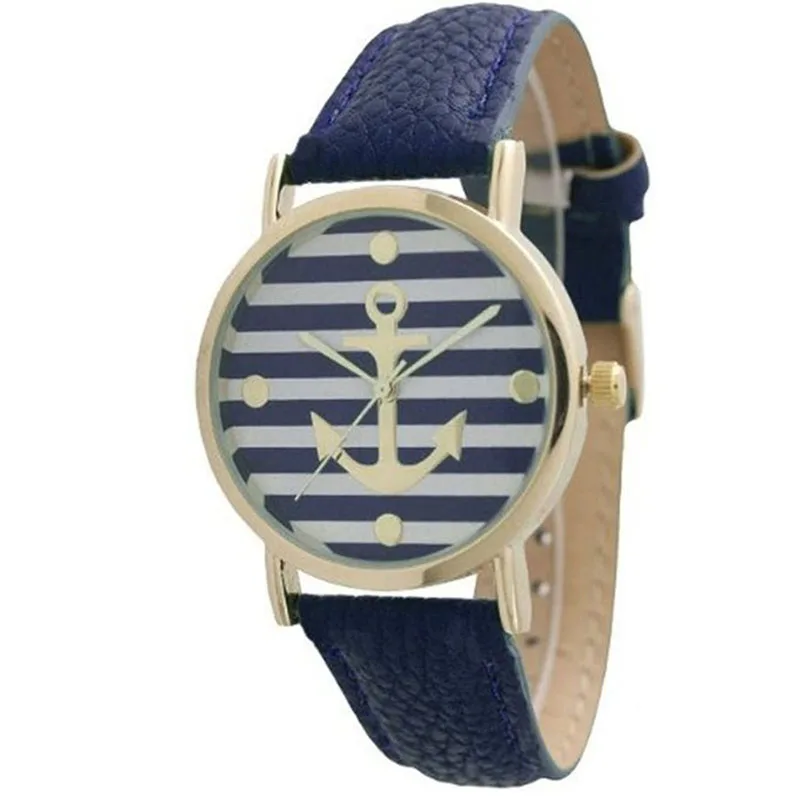 Самые продаваемые модели очень простые модные женские часы известных брендов женские часы Geneva полосатый якорь стиль кожаные часы-темно-синий - Цвет: Navy Blue