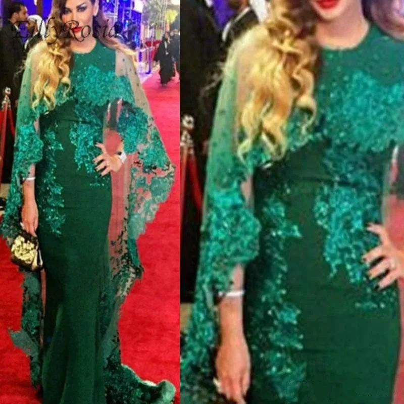 

Green Arabic Evening Dresses with Cape Lace Appliques Sequins Mermaid Formal Mother of the Bride Dress for Wedding Party 2019