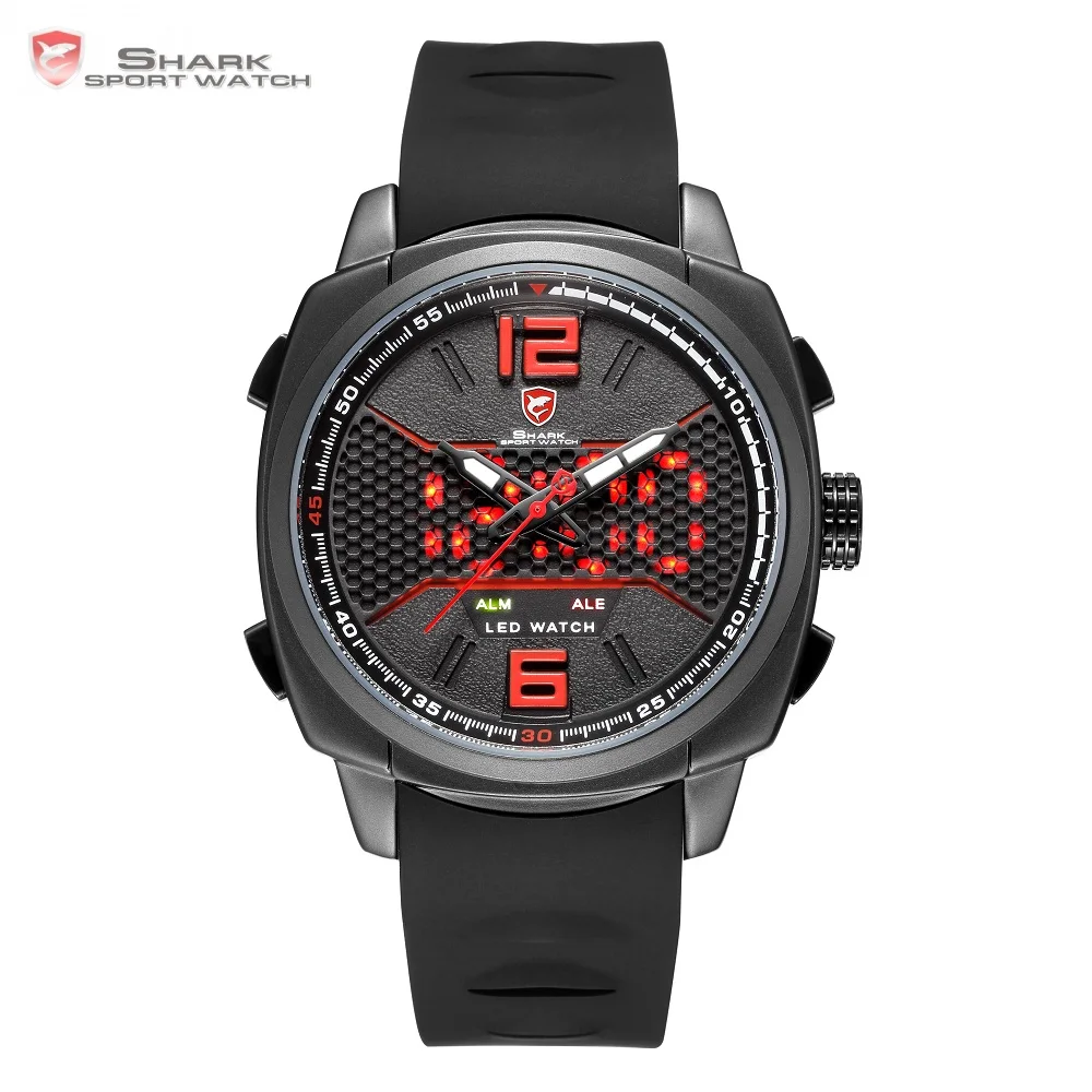 

Whitetip Reef Shark Sport Watch Black Red Honeycomb Dial Face With Soft Silicone Strap LED Dual Movement Digital Watches /SH488