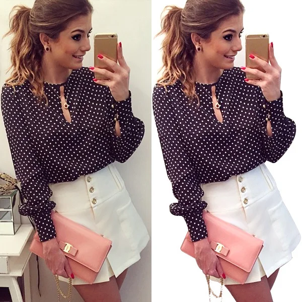 New Women Casual Round Neck Long Sleeve Blouses Summer Chiffon Polka Dots Shirt