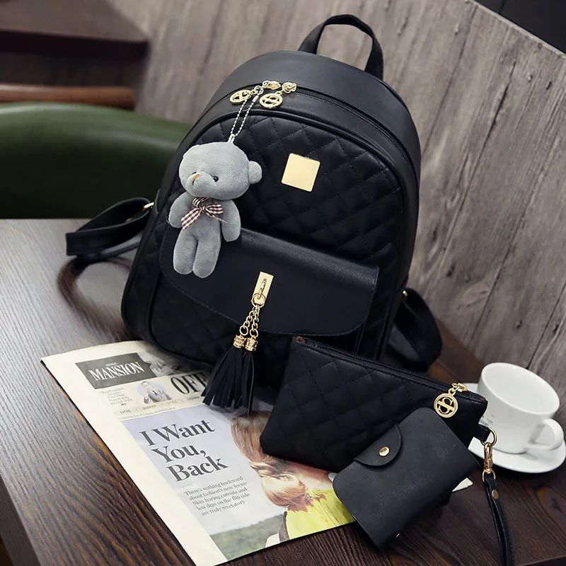 3 шт. рюкзак с медведем, женская сумка, школьные сумки с ромбовидной решеткой для девочек, рюкзаки для женщин, новые сумки на плечо с кисточками, Sac A Dos - Цвет: Черный