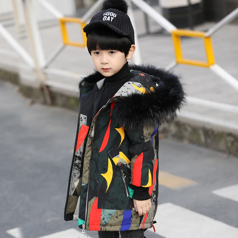 

HSSCZL boys down jackets 2019 new boy coat Camouflage Natural fur collar children jacket outerwear overcoat thicken clothes 4-12