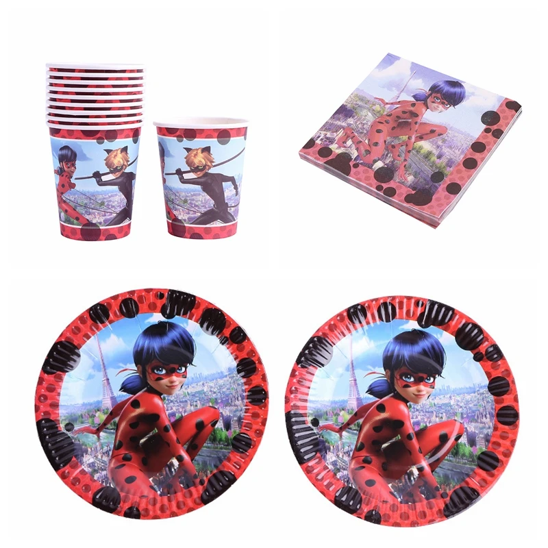 

60PCS Miraculous Ladybug Theme Party Disposable Tableware Set Paper Cups Plates Napkins Birthday Wedding Party Decoration