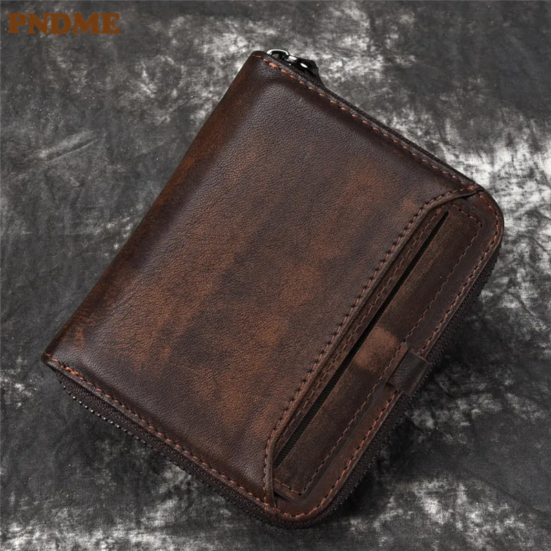 

PNDME retro high quality genuine leather men's women's wallet casual simple cowhide short zipper credit card silver coin purse