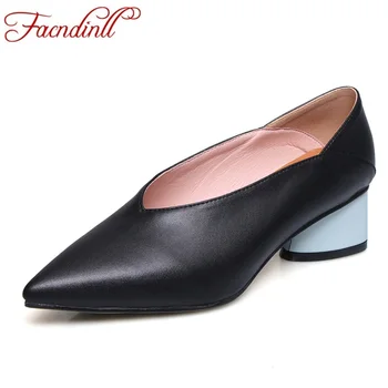 

FACNDINLL new shoes woman pumps 2019 spring summer fashion med square heels pointed toe black beige yellow dress office shoes