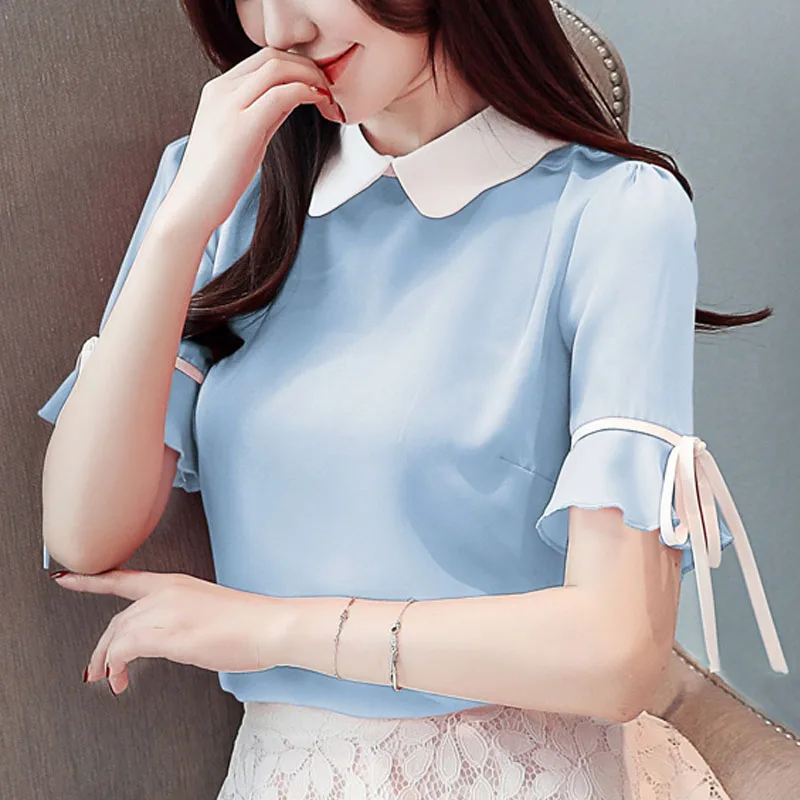 Шифоновая блузка женская одежда короткий бант однотонный воротник Питер Пэн женские Топы Блузка Рубашки корейская мода одежда 3463 50