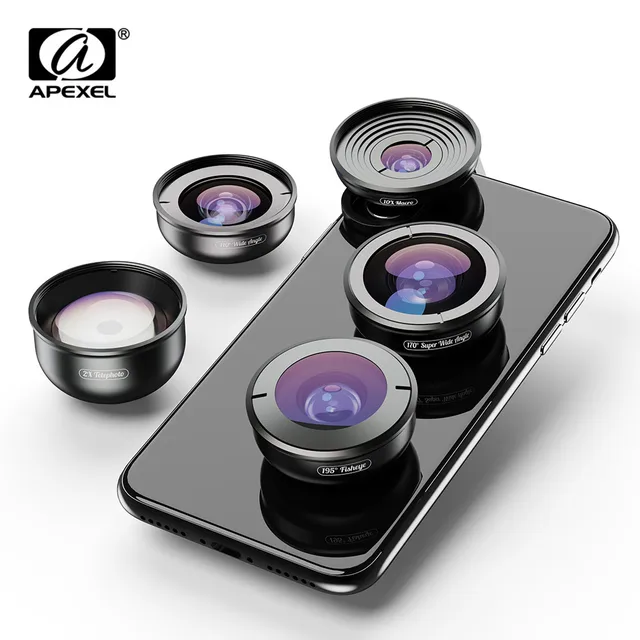 APEXEL 5in1 Mobile Phone Lens Case Kit Photography HD Fisheye Super Wide Angle 4K Macro Telescope Lens Set for Samsung iPhone 1