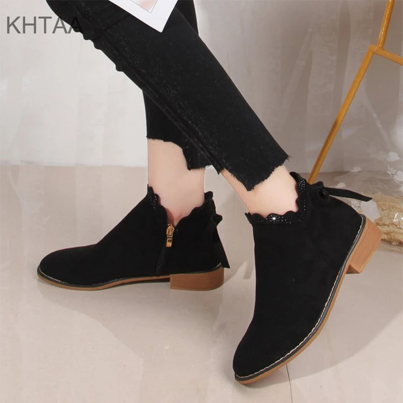 

Low Heels Autumn Women Ankle Boots Platform Zipper Fur Flock Bowtie Ladies Shoes 2018 New Winter Casual England Female Footwear