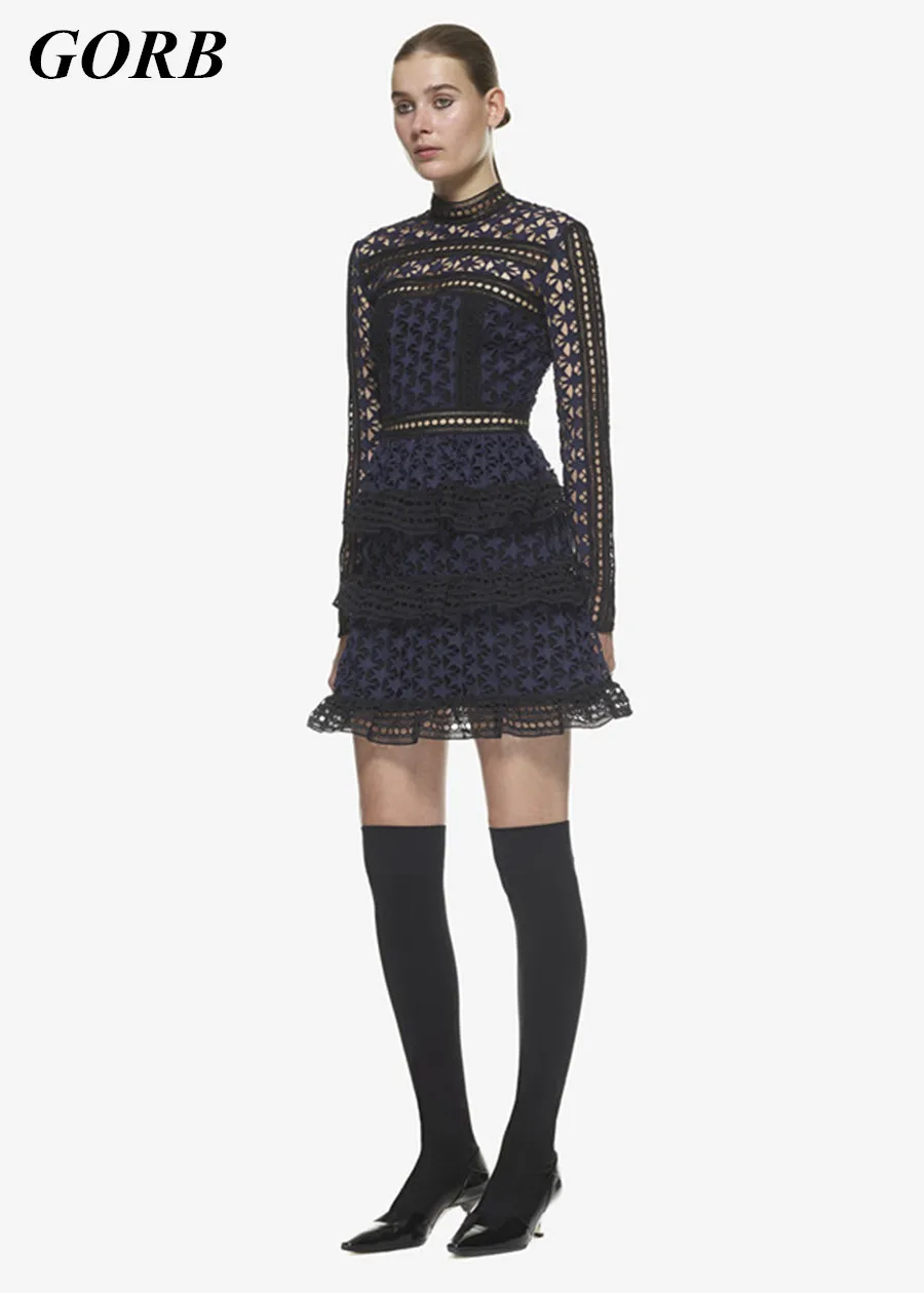 

High-end Designer GORB Newest Women Self Portrait Runway Cake Layer Mini Dresses Long Sleeve Lace Hollow Out Slim Dress not XL