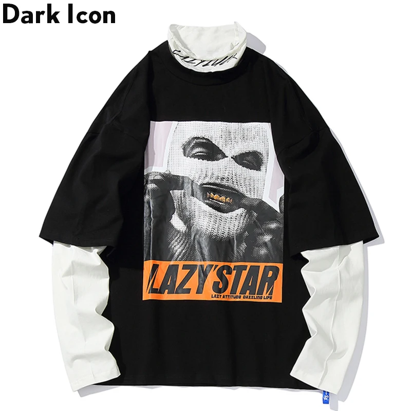 Мужская футболка в стиле хип хоп Dark Icon черная с длинным рукавом и воротником