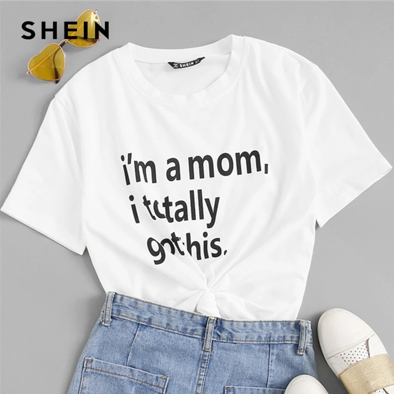 

SHEIN White Letter Print Short Sleeve Slogan Tee 2019 Summer Casual Women Minimalist Round Neck Short Sleeve Tshirt Tops